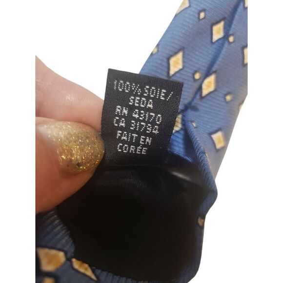 Woodward Mens‎ Tie Necktie Pre-Loved Luxury Blue Yellow Geometric Suit Casual - Picture 9 of 12